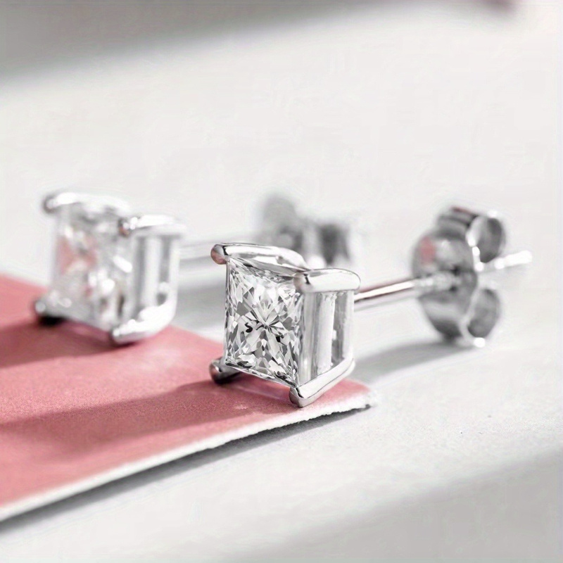 Stylish Square Synthetic Zirconia 925 Silver Stud Earrings